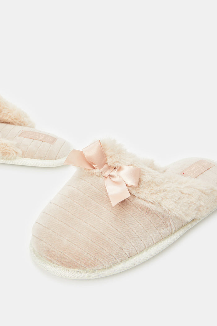 Redtag-Taupe-Closed-Toe-Slipper-With-Satin-Bow-Category:Slippers,-Colour:Taupe,-Deals:New-In,-Filter:Women's-Footwear,-New-In-Women-FOO,-Non-Sale,-ProductType:Mules,-Section:Women,-W23A,-Women-Slippers-Women's-