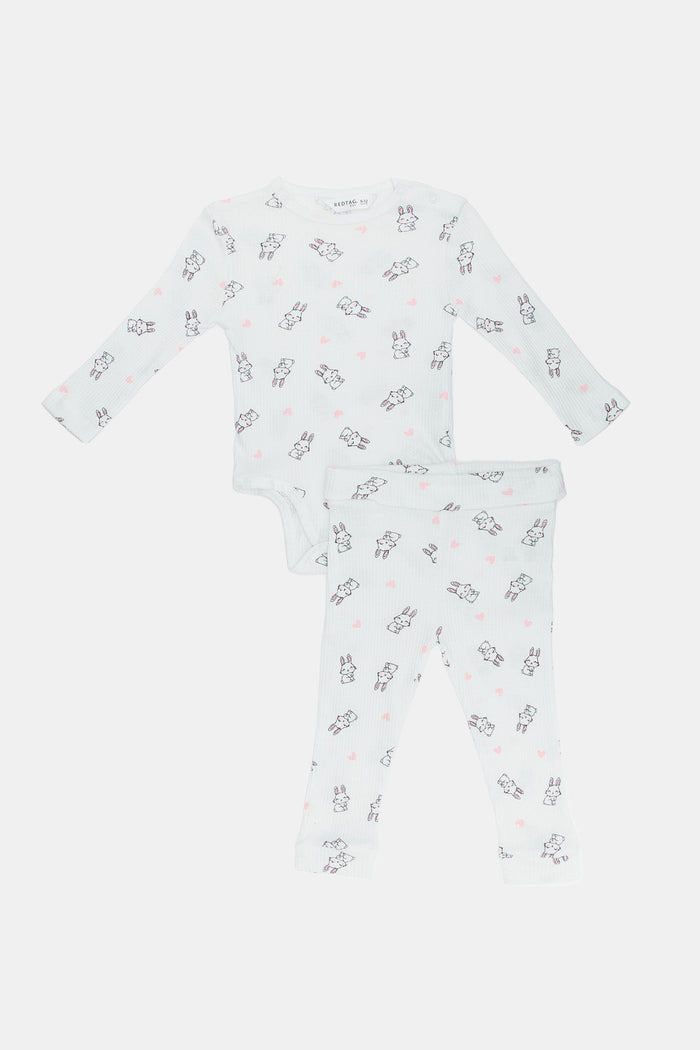 Redtag-White-2-Piece-Bodysuit-+-Pants-Pyjama-Set-Category:Bodysuits,-Colour:White,-Deals:New-In,-Filter:Baby-(0-to-12-Mths),-H1:KWR,-H2:NBF,-H3:RMS,-H4:BSS,-KWRNBFRMSBSS,-NBB-Bodysuits,-New-In-NBB,-Non-Sale,-ProductType:Bodysuits,-Season:W23A,-Section:Boys-(0-to-14Yrs),-W23A-Baby-0 to 12 Months