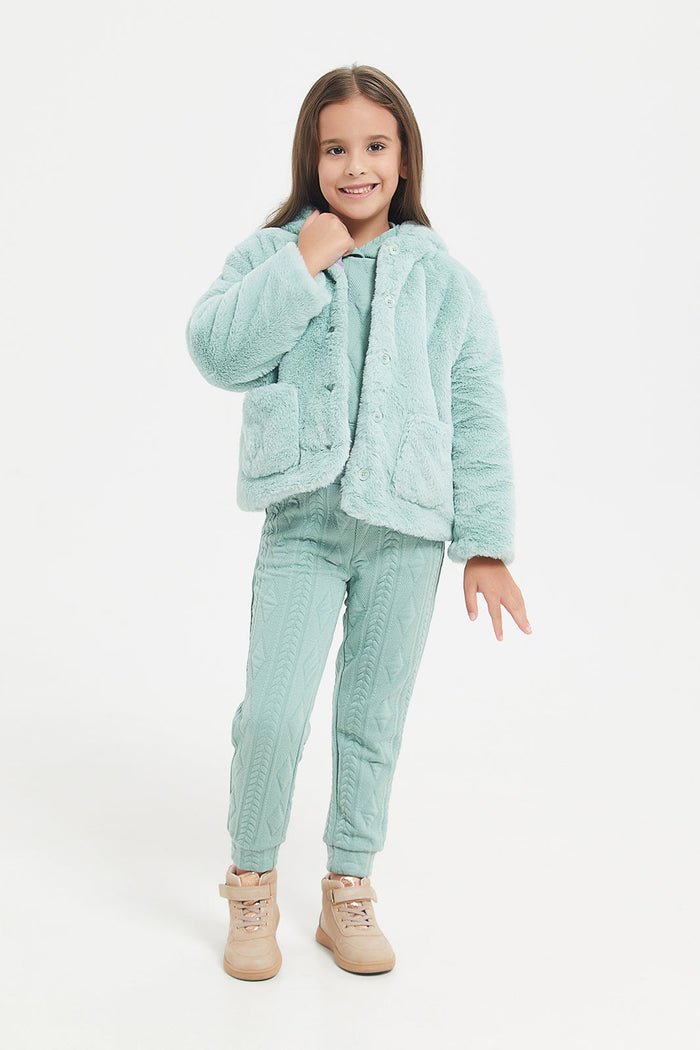 Redtag-Sage-Hooded-Fur-Jacket-Category:Jackets,-Colour:Green,-Deals:New-In,-EHW,-Filter:Girls-(2-to-8-Yrs),-GIR-Jackets,-H1:KWR,-H2:GIR,-H3:OUW,-H4:OUW,-KWRGIROUWOUW,-New-In-GIR,-Non-Sale,-ProductType:Jackets,-Season:W23B,-Section:Girls-(0-to-14Yrs),-W23B-Girls-2 to 8 Years