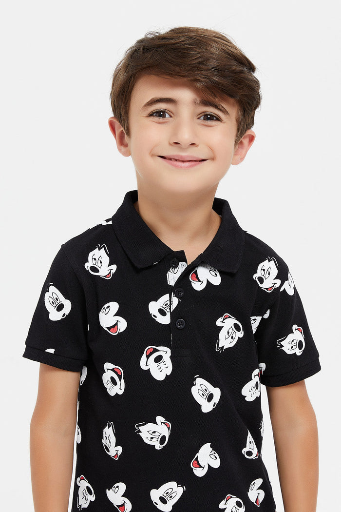 Redtag-Black-Mickey-Mouse-All-Over-Print-Short-Sleeve-Polo-Shirt-BOY-Polo-T-Shirts,-Category:Polo-T-Shirts,-CHR,-Colour:Black,-Deals:New-In,-Filter:Boys-(2-to-8-Yrs),-H1:KWR,-H2:BOY,-H3:TSH,-H4:POS,-KWRBOYTSHPOS,-New-In-BOY,-Non-Sale,-ProductType:Polo-Shirts,-Season:W23B,-Section:Boys-(0-to-14Yrs),-W23B-Boys-2 to 8 Years