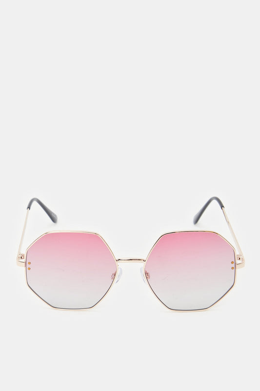 Women Gold And Pink Hexagonal Sunglasses