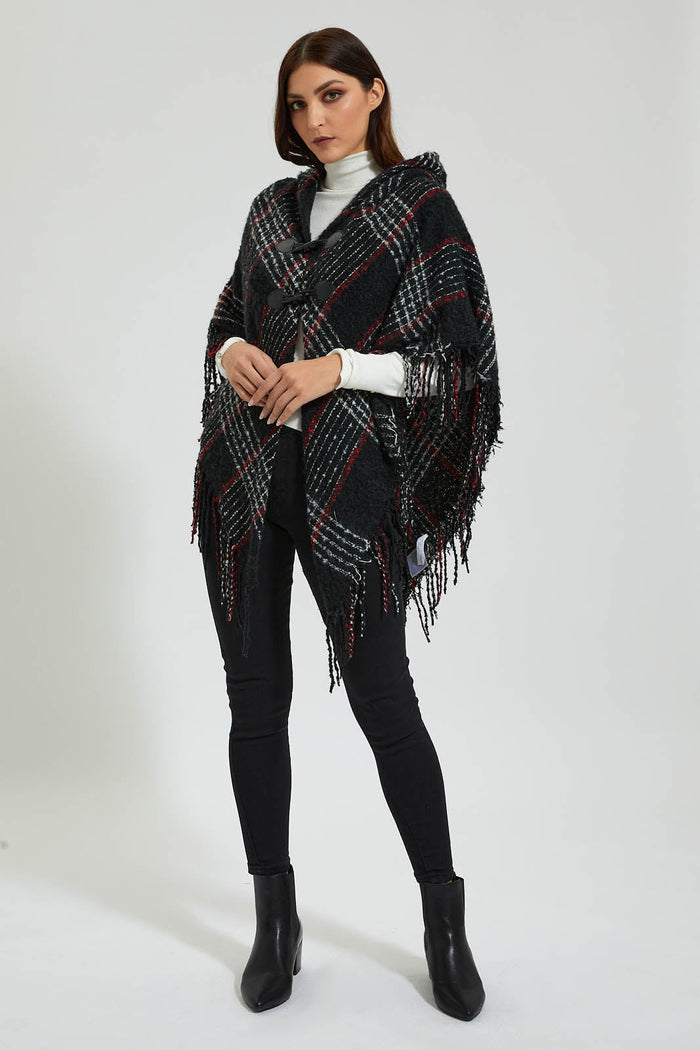 Redtag-Black-Red-Checks-Poncho-With-Fringes-Colour:Black,-EHW,-Filter:Women's-Clothing,-New-In,-New-In-Women,-Non-Sale,-Section:Women,-W21B,-Women-Cardigans-Women's-