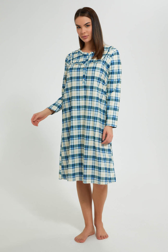 Redtag-White/Blue-Flannel-Yarn-Dyed-Nightgown-Nightgowns-Women's-0