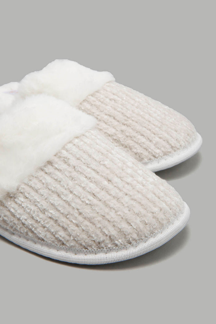 Redtag-Ivory-Chenille-Slipper-With-Fur-Trim-Slippers-Women's-
