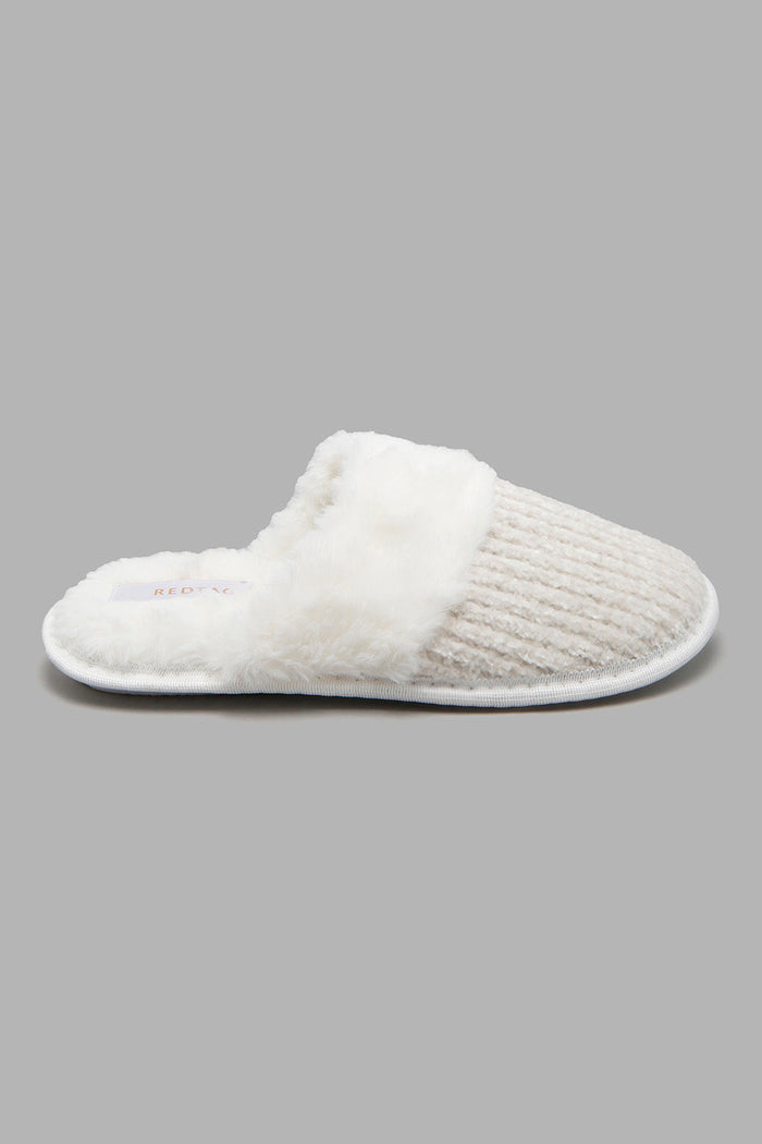 Redtag-Ivory-Chenille-Slipper-With-Fur-Trim-Slippers-Women's-