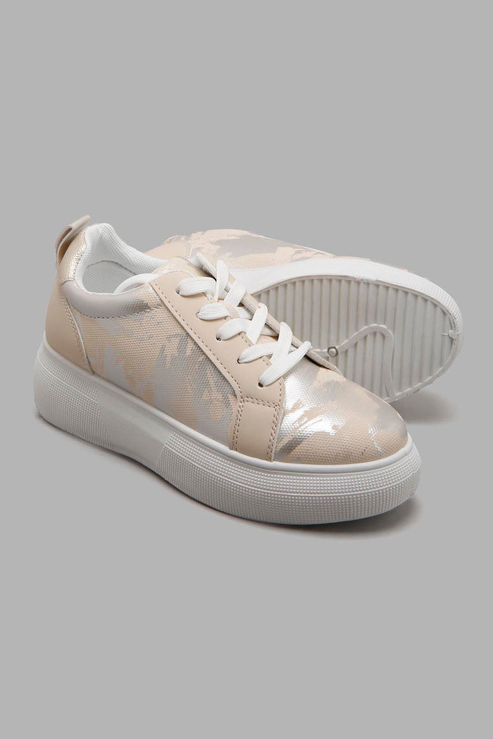 Redtag-Beige-With-Silver-Printed-Pattern-Lace-Up-Sneaker-Sneakers-Women's-