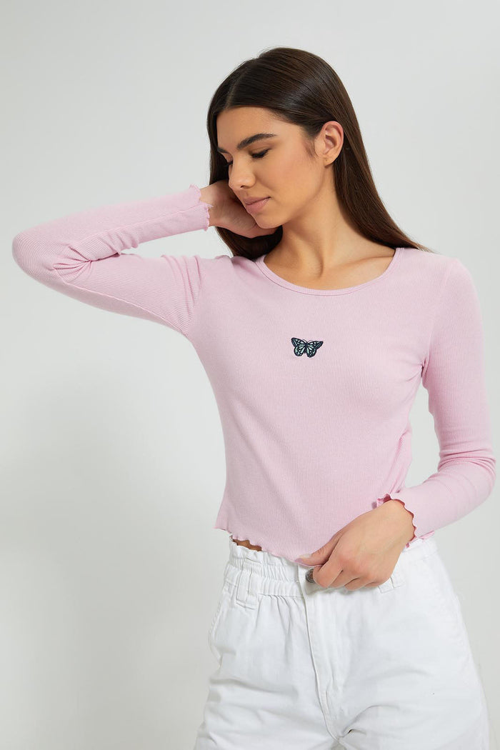 Redtag-Pink-Rib-Long-Sleeve-T-Shirt-With-Placement-Embroideredroidery-Embellished-Women's-