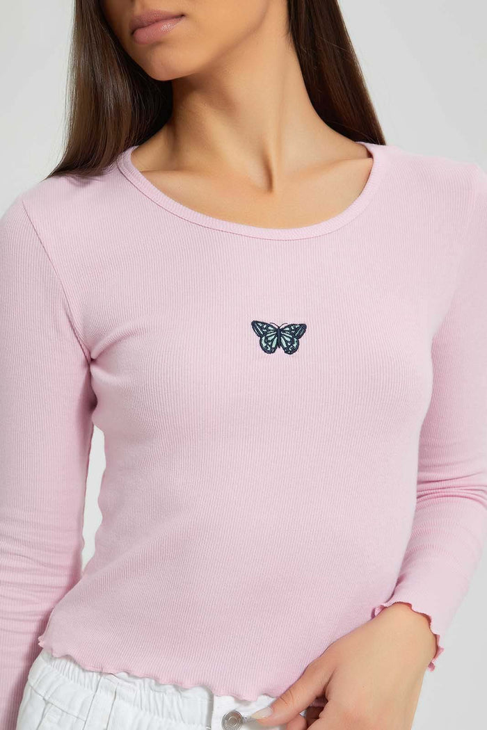 Redtag-Pink-Rib-Long-Sleeve-T-Shirt-With-Placement-Embroideredroidery-Embellished-Women's-