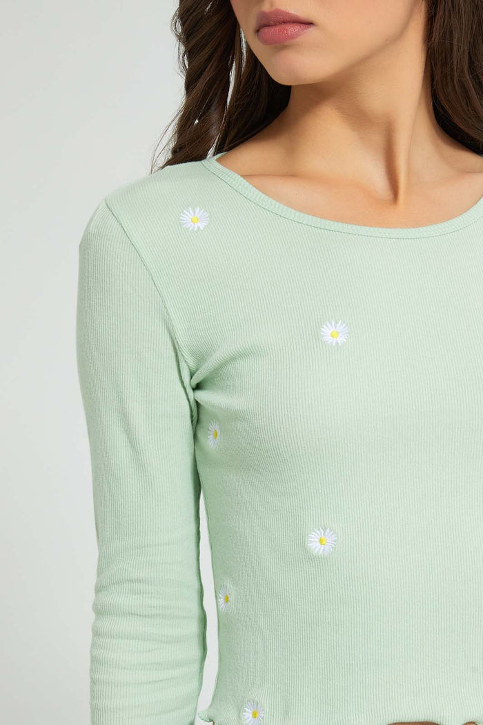 Redtag-Mint-Rib-L/S-T-Shirt-With-Allover-Floral-Embroidery-Colour:Mint,-Filter:Women's-Clothing,-New-In,-New-In-Women,-Non-Sale,-S22A,-Section:Women,-Women-T-Shirts-Women's-