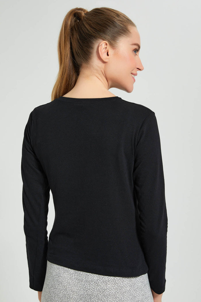 Redtag-Black-Plain-Long-Sleeve-T-Shirt-Active-Tees-Women's-
