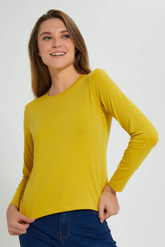Redtag-Yellow-Plain-Long-Sleeve-T-Shirt-Active-Tees-Women's-