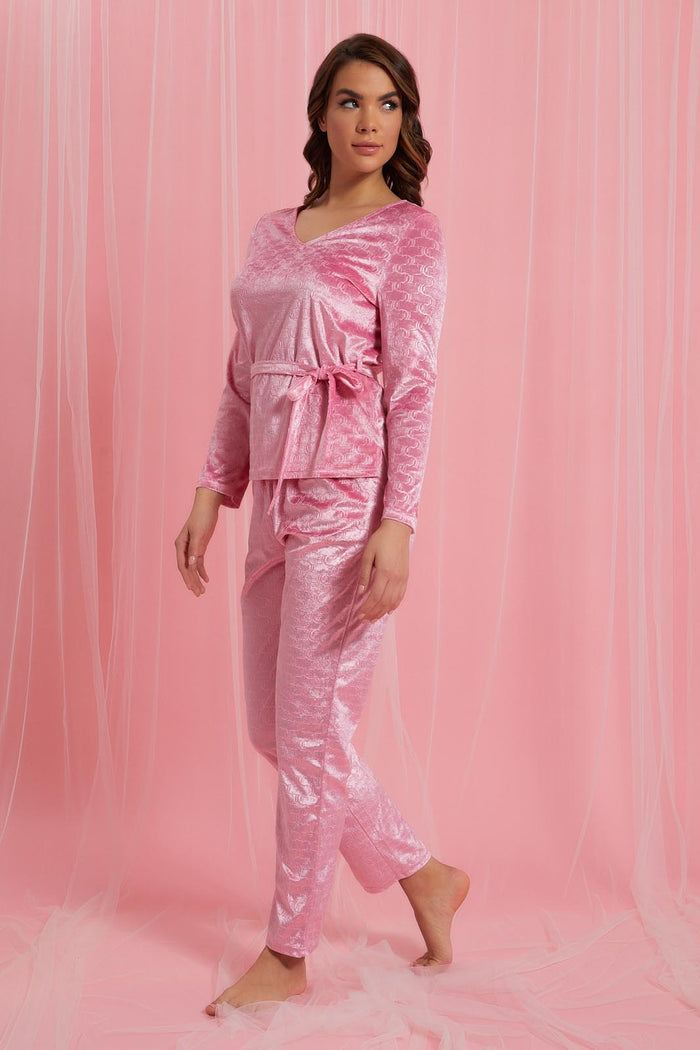 Redtag-Pink-Plain-Velvet-Pyjama-Set-Pyjama-Sets-Women's-
