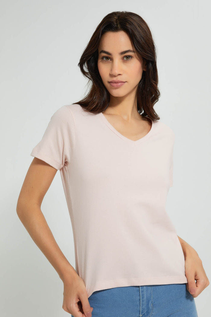 Redtag-Pink-Plain-Short-Sleeve-V-Neck-T-Shirt-Active-Tees-Women's-