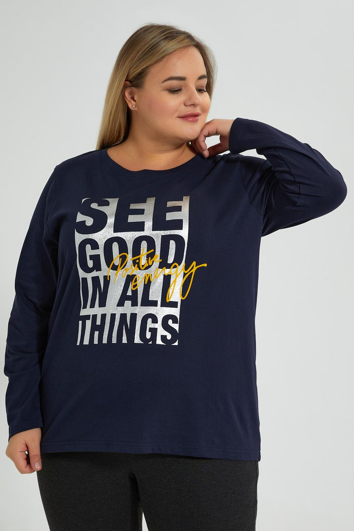 Redtag-Navy-3/4-Sleeve-Graphic-T-Shirt-Colour:Navy,-Filter:Plus-Size,-LDP-T-Shirts,-New-In,-New-In-LDP,-Non-Sale,-S22A,-Section:Women,-TBL-Women's-