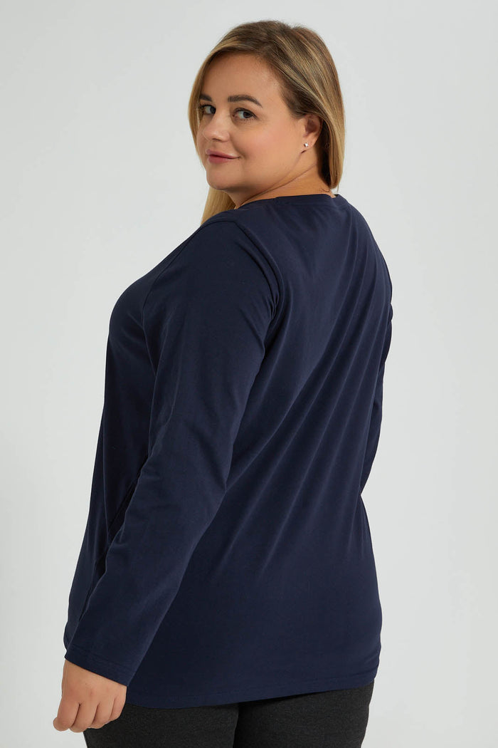 Redtag-Navy-3/4-Sleeve-Graphic-T-Shirt-Colour:Navy,-Filter:Plus-Size,-LDP-T-Shirts,-New-In,-New-In-LDP,-Non-Sale,-S22A,-Section:Women,-TBL-Women's-