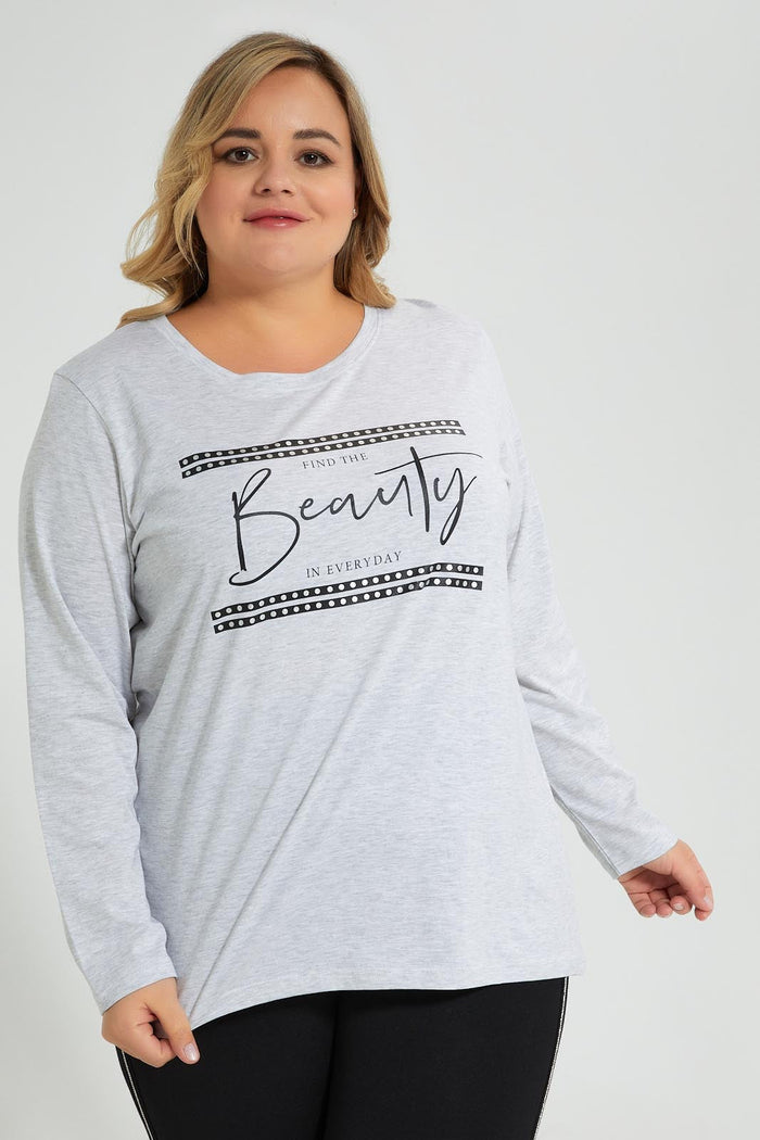 Redtag-Grey-3/4-Sleeve-Graphic-T-Shirt-Colour:Grey,-Filter:Plus-Size,-LDP-T-Shirts,-New-In,-New-In-LDP,-Non-Sale,-S22A,-Section:Women,-TBL-Women's-