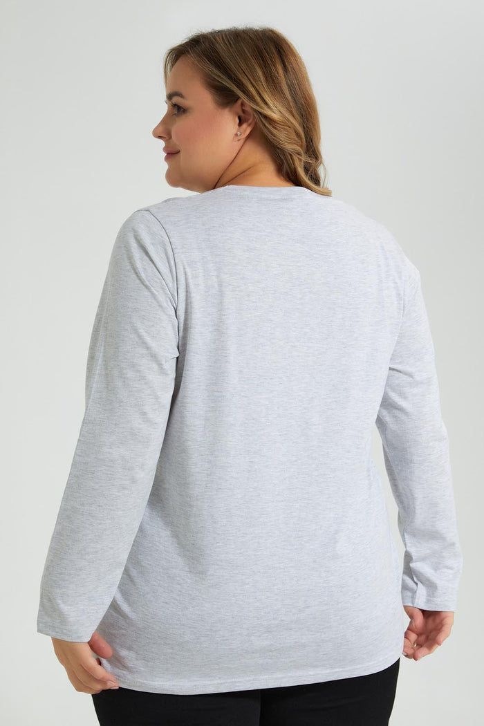 Redtag-Grey-3/4-Sleeve-Graphic-T-Shirt-Colour:Grey,-Filter:Plus-Size,-LDP-T-Shirts,-New-In,-New-In-LDP,-Non-Sale,-S22A,-Section:Women,-TBL-Women's-