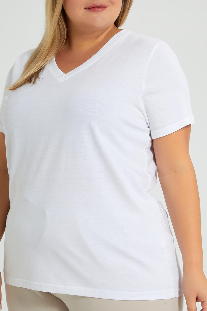 Redtag-White-Short-Sleeve-V-NeckT-Shirt-Colour:White,-Filter:Plus-Size,-LDP-T-Shirts,-New-In,-New-In-LDP,-Non-Sale,-S22A,-Section:Women-Women's-