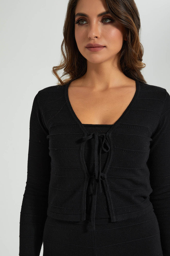 Redtag-Black-V-Neck-Front-Tie-Cardigan-Colour:Black,-Filter:Women's-Clothing,-Limited-Edition-Tops,-New-In,-New-In-Women,-Non-Sale,-S22B,-Section:Women-Women's-