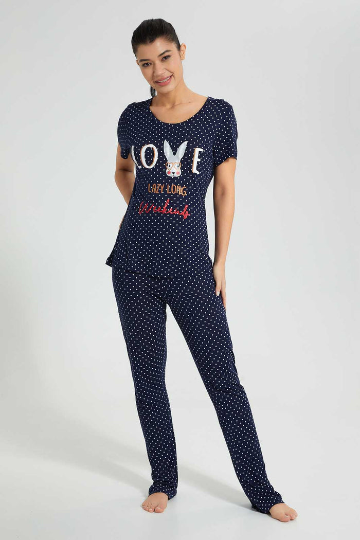 Redtag-Navy-Polka-Printed-Pyjama-Set-Colour:Navy,-Filter:Women's-Clothing,-New-In,-New-In-Women,-Non-Sale,-S22B,-Section:Women,-Women-Pyjama-Sets-Women's-