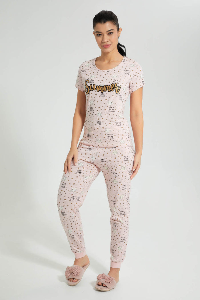 Redtag-Peach-Allover-Printed-Pyjama-Set-Colour:Pink,-Filter:Women's-Clothing,-New-In,-New-In-Women,-Non-Sale,-S22B,-Section:Women,-Women-Pyjama-Sets-Women's-