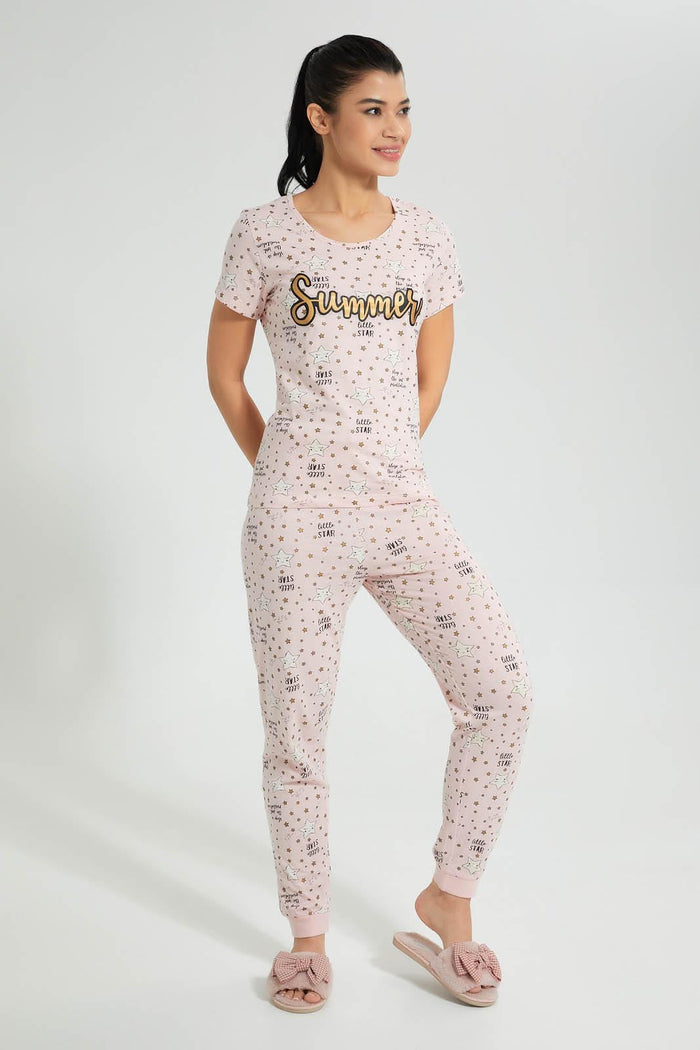 Redtag-Peach-Allover-Printed-Pyjama-Set-Colour:Pink,-Filter:Women's-Clothing,-New-In,-New-In-Women,-Non-Sale,-S22B,-Section:Women,-Women-Pyjama-Sets-Women's-