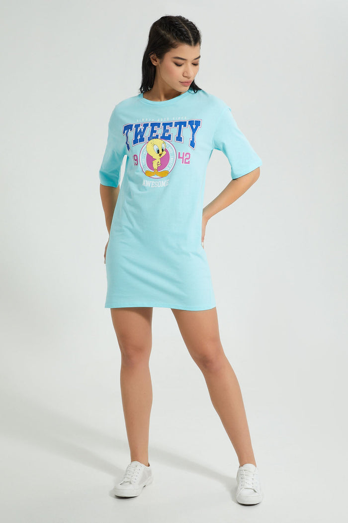 Redtag-Blue-Tweety-Long-Line-Character-T-Shirt-Colour:Blue,-Filter:Women's-Clothing,-New-In,-New-In-Women,-Non-Sale,-S22B,-Section:Women,-Women-T-Shirts-Women's-