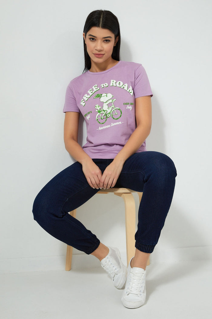 Redtag-Purple-Snoopy-Print-T-Shirt-Colour:Purple,-Filter:Women's-Clothing,-New-In,-New-In-Women,-Non-Sale,-S22B,-Section:Women,-Women-T-Shirts-Women's-