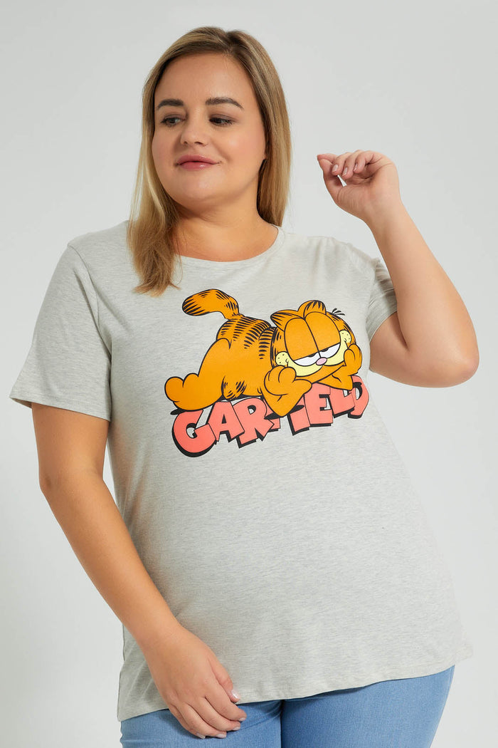 Redtag-Grey-Melange-Garfield-Character-T-Shirt-Colour:Grey,-Filter:Plus-Size,-LDP-T-Shirts,-New-In,-New-In-LDP,-Non-Sale,-S22B,-Section:Women,-TBL-Women's-
