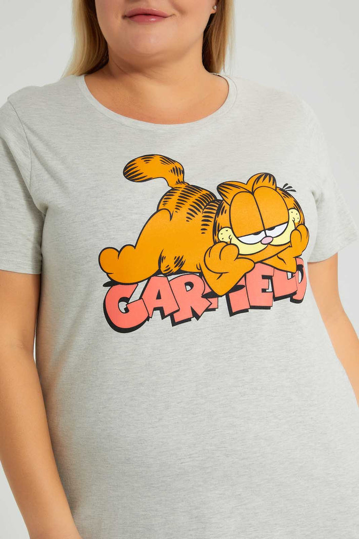 Redtag-Grey-Melange-Garfield-Character-T-Shirt-Colour:Grey,-Filter:Plus-Size,-LDP-T-Shirts,-New-In,-New-In-LDP,-Non-Sale,-S22B,-Section:Women,-TBL-Women's-