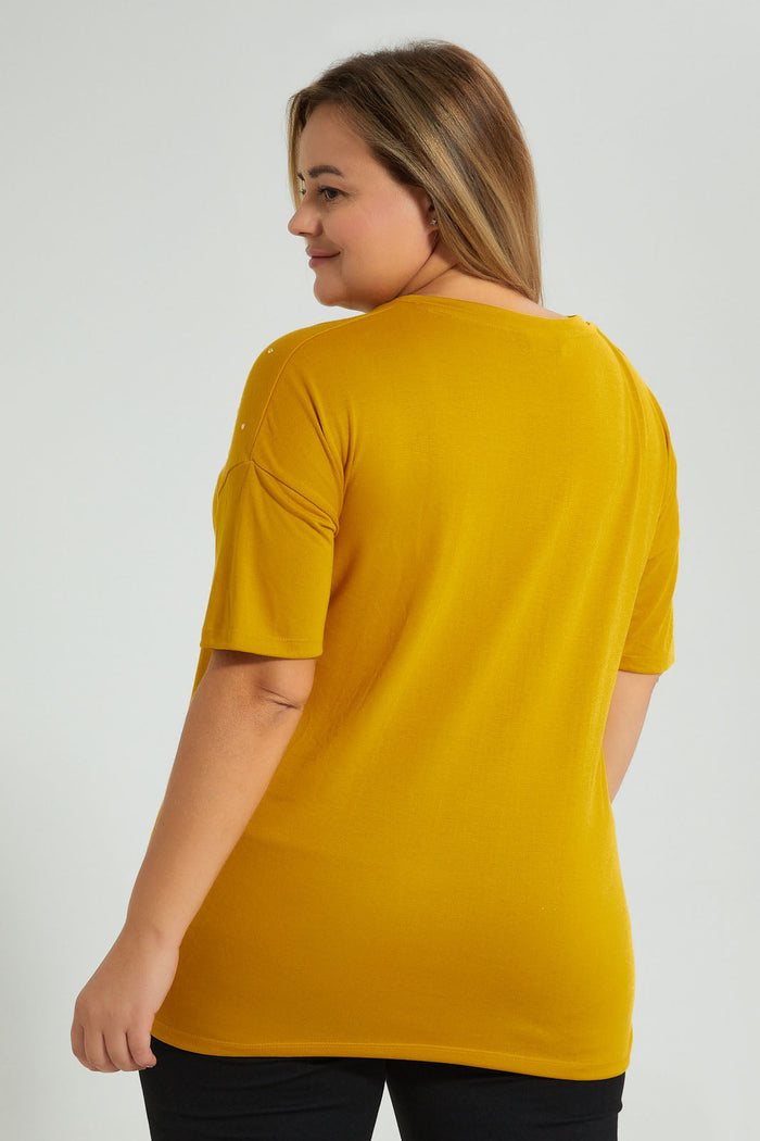 Redtag-Yellow-Allover-Studs-T-Shirt-Colour:Yellow,-Filter:Plus-Size,-LDP-T-Shirts,-New-In,-New-In-LDP,-Non-Sale,-S22B,-Section:Women-Women's-
