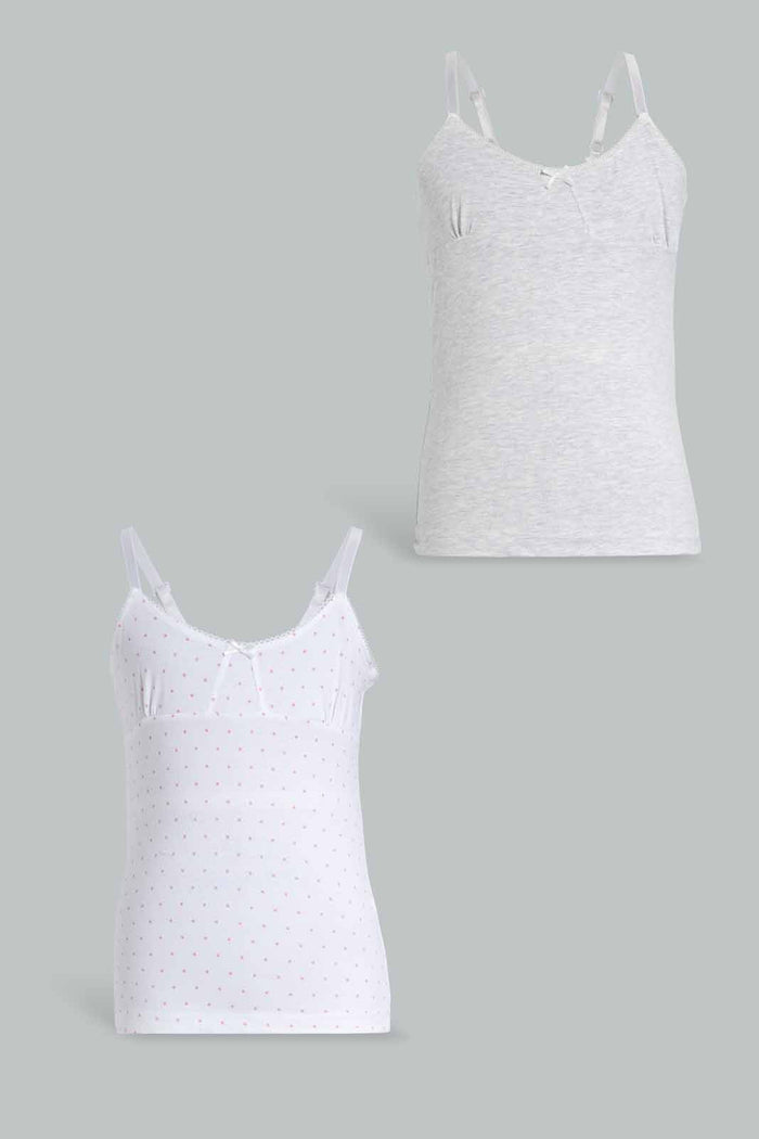 Redtag-Lt-Grey-Melange-X-White/Pink-Star-Print-(2Pack)-365,-Category:Vests,-Colour:Assorted,-Deals:New-In,-Filter:Senior-Girls-(9-to-14-Yrs),-GSR-Vests,-New-In-GSR-APL,-Non-Sale,-Section:Girls-(0-to-14Yrs)-Senior-Girls-9 to 14 Years