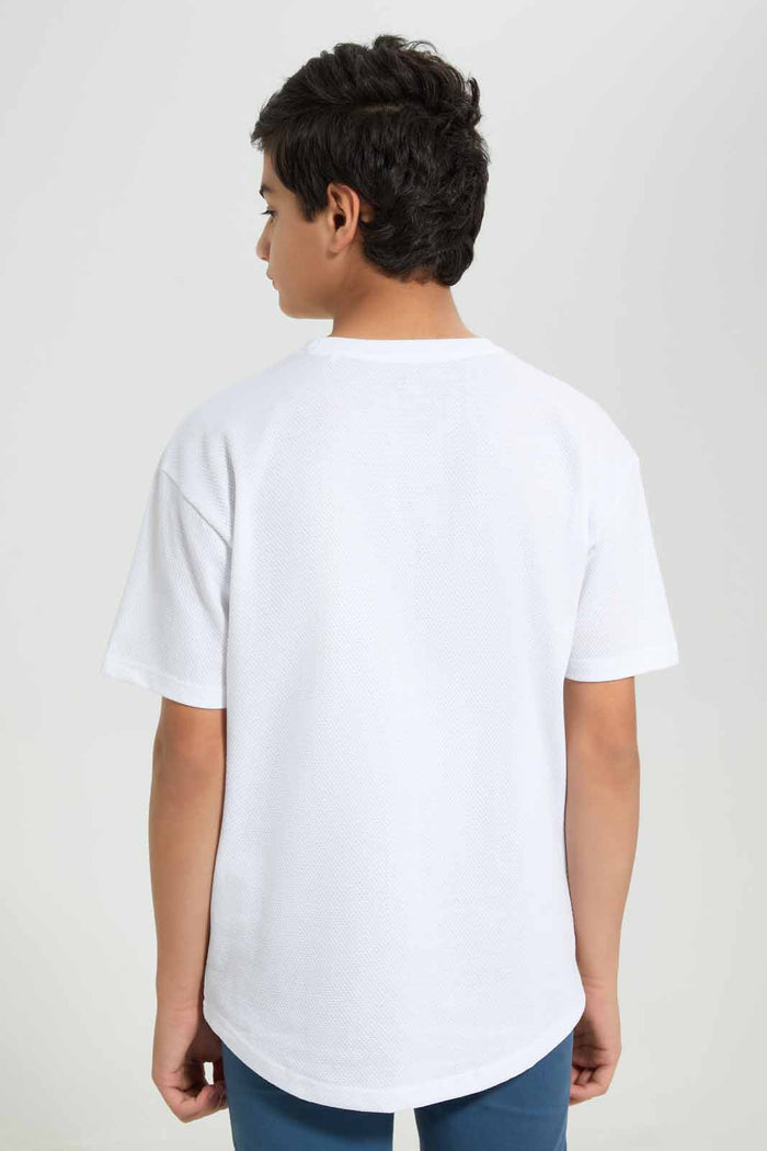 Redtag-White-Popcorn-Kint-Dropdown-Shoulder-T-Shirt-BSR-T-Shirts,-Category:T-Shirts,-Colour:White,-Deals:New-In,-Filter:Senior-Boys-(8-to-14-Yrs),-New-In-BSR-APL,-Non-Sale,-Section:Boys-(0-to-14Yrs),-TBL,-W22B-Senior-Boys-9 to 14 Years
