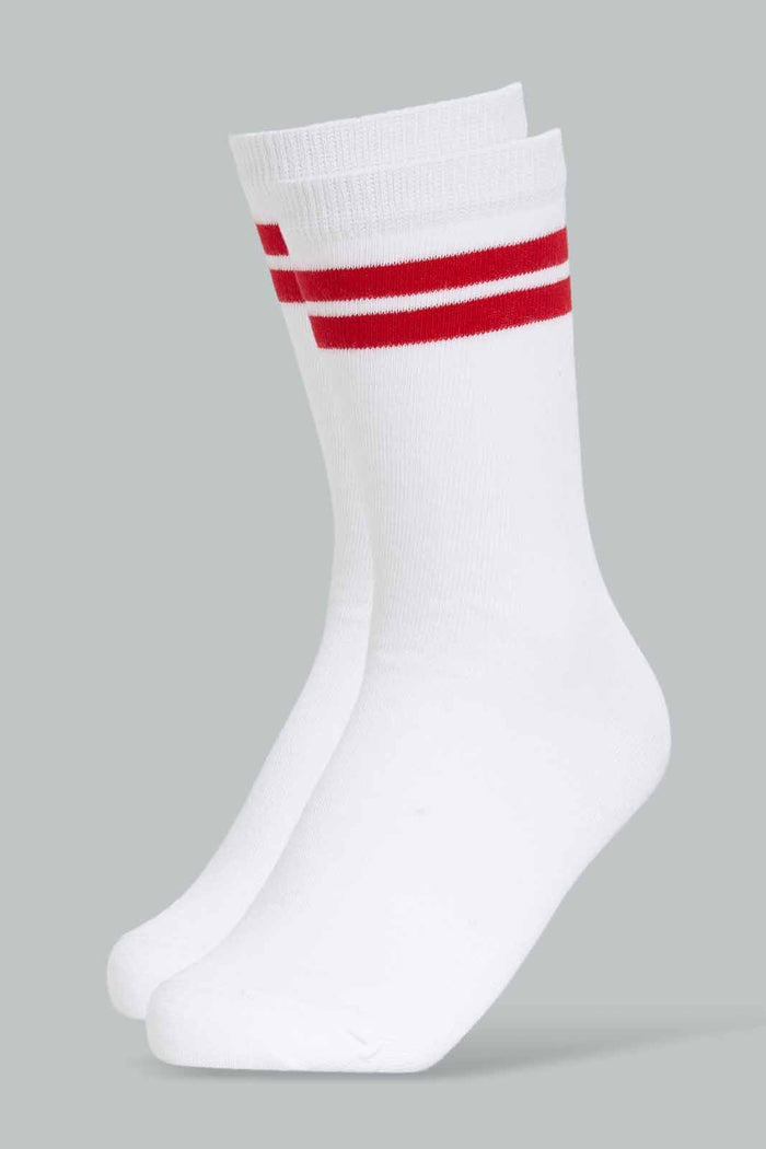 Redtag-Boys--White-W/-Red-Stripes-Crew-Length-Socks-365,-BSR-Socks,-Category:Socks,-Colour:Red,-Deals:New-In,-FIFA,-Filter:Senior-Boys-(8-to-14-Yrs),-New-In-BSR-APL,-Non-Sale,-Section:Boys-(0-to-14Yrs)-Senior-Boys-9 to 14 Years