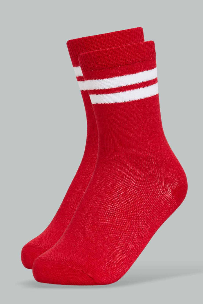 Redtag-Boys--Red-W/-White-Stripes-Crew-Length-Socks-365,-BOY-Socks,-Category:Socks,-Colour:Red,-Deals:New-In,-FIFA,-Filter:Boys-(2-to-8-Yrs),-New-In-BOY-APL,-Non-Sale,-Section:Boys-(0-to-14Yrs)-Boys-2 to 8 Years
